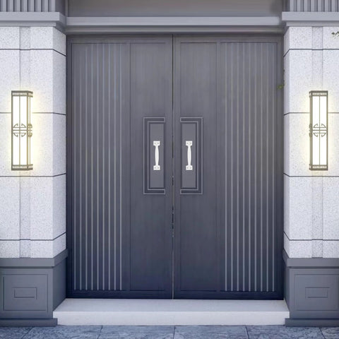 2 Pack White Barn Door Handle Pulls 5.5 Inch with screws installed on modern sliding doors, showcasing durable sturdy construction.