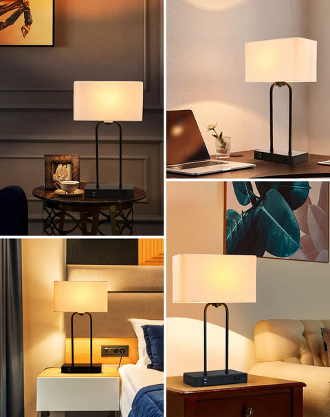 Collage of Two Pack Bedside Table Lamps with USB Ports and AC Outlet, 20 Inch Touch Control, 3 Way Dimmable, in different room settings