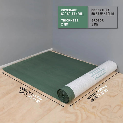 Real Deal 3 In 1 Flooring Underlayment Roll For Laminate And Engineered Wood Squelches Footsteps and Levels Subfloors 630 Sq Ft Coverage displayed on wooden floor.