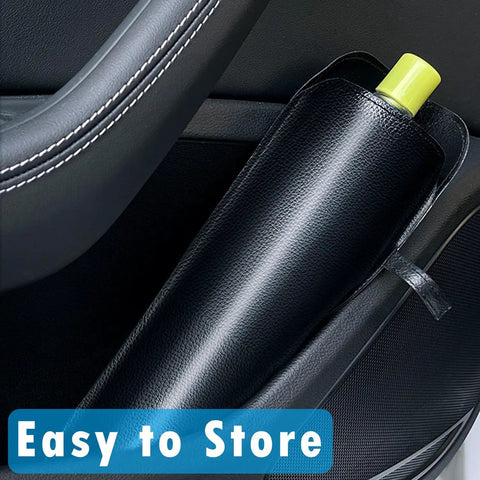 Foldable Windshield Sun Shade Umbrella Fits Tesla Model 3 Y S X Cybertruck stored in car door compartment.