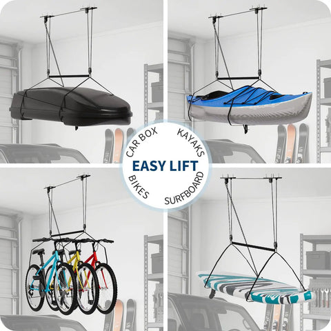 Heavy Duty Garage Ceiling Pulley System For Cargo Boxes And Large Storage Bins Overhead Hoist With 200 Lb Capacity Elevates
