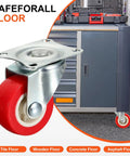 Eight Pack 1 Inch Caster Wheels With 360 Degree Swivel Plate Castors For Furniture Drawers Storage Bins DIY Projects Red Heavy Duty Silent Ball Bearing Wheels For Smooth Quiet Movement shown supporting a cabinet on various floor types.