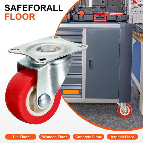 Eight Pack 1 Inch Caster Wheels With 360 Degree Swivel Plate Castors For Furniture Drawers Storage Bins DIY Projects Red Heavy Duty Silent Ball Bearing Wheels For Smooth Quiet Movement shown supporting a cabinet on various floor types.
