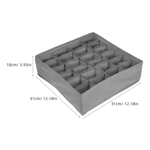 Set Of Three Foldable Cloth Underwear Organizers To Chill Out Drawer Chaos And Keep Your Closet Fresh While Giving Delicate Bras Extra Love During Your Busy Weekday Hustle, grey fabric organizer with 16 slots, dimensions 31cm x 31cm x 10cm.