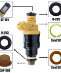 Fuel Injector Seal Kit For Ford Lincoln Mercury Vehicles 4.6L 5.0L 5.4L 5.8L with seals, pintle caps, and filters.