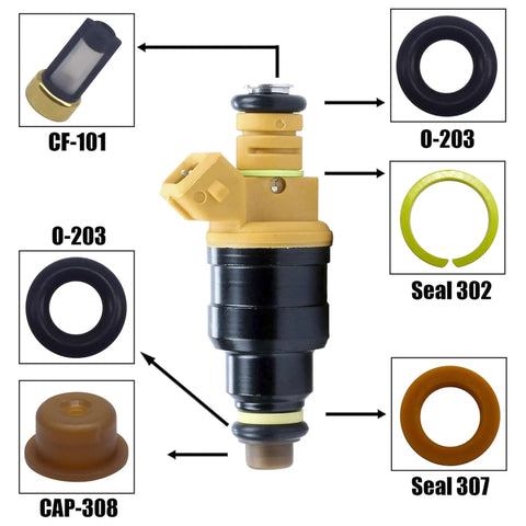 Fuel Injector Seal Kit For Ford Lincoln Mercury Vehicles 4.6L 5.0L 5.4L 5.8L with seals, pintle caps, and filters.