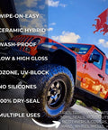 Turn Heads Rich Black Tire Shine And Trim Restorer With Ceramic Hybrid Shield on a Jeep with gloss tires and trim.