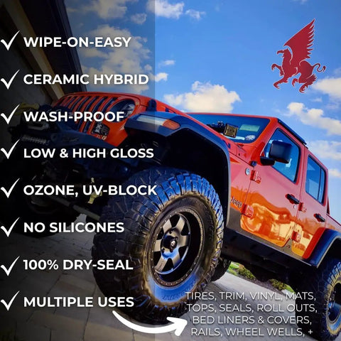 Turn Heads Rich Black Tire Shine And Trim Restorer With Ceramic Hybrid Shield on a Jeep with gloss tires and trim.