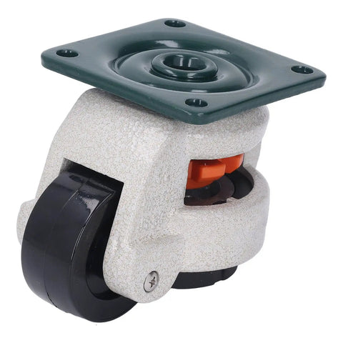 Heavy Duty 51 Millimeter Leveling Stem Casters With Height Adjustable Retractable Swivel Wheels And Real Deal Pads For Your Workbench Machine Shop Setup Built Like A Tank close-up of caster wheel with sturdy nylon design for mobility.