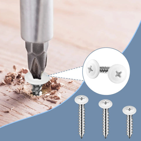Screwdriver drilling 120 Piece Size Eight White Wood Screws Set For Self Tapping And Wall Plates with screw detail.