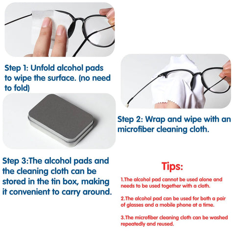 Eyeglass cleaning kit collage: Amazon brand metal tin, 200-count lens wipes, and 6-piece microfiber cloths.