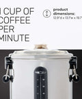 100 Cup Coffee Urn And Hot Beverage Dispenser With Dripless Faucet and size dimensions shown on top.