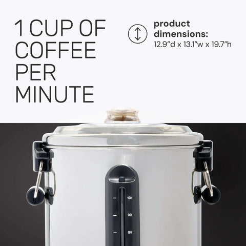 100 Cup Coffee Urn And Hot Beverage Dispenser With Dripless Faucet and size dimensions shown on top.