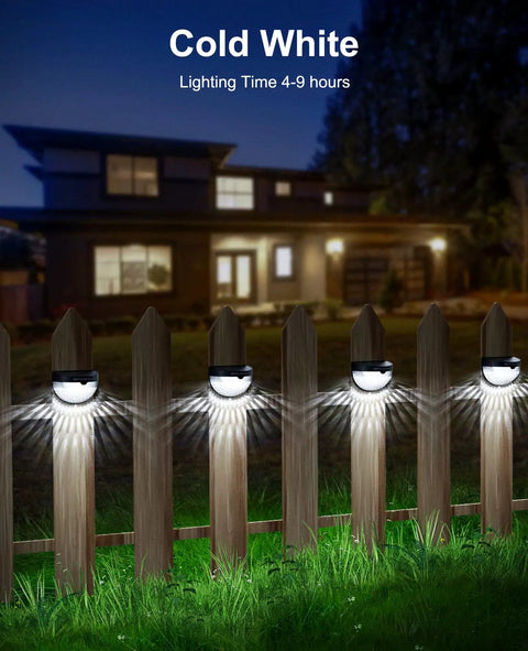 Solar Fence Post Lights Wall Mount Decorative Deck Lighting Black 6 Pack with honeycomb cover on wooden fence at night