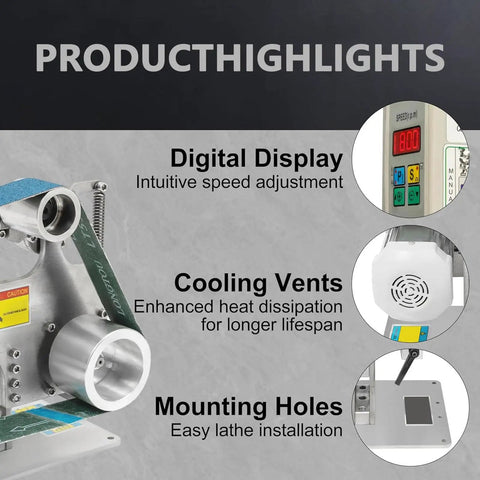 Rugged 750W Bench Belt Sander With Brushless Motor Variable Speed Control Up To 5000 Rpm showcasing digital display and cooling vents.