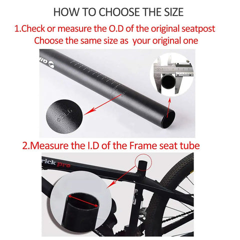 Heavy Duty Aluminum Bike Seat Post With 25.4 27.2 28.2 30.8 31.6 mm Diameters And 350 mm Length, 6061 Aluminum Alloy, measurement guide