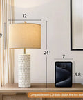 24 Inch Farmhouse Ceramic Table Lamp Set Of 2 White For Bedroom And Living Room Modern Nightstand Lamps, lamp dimensions shown