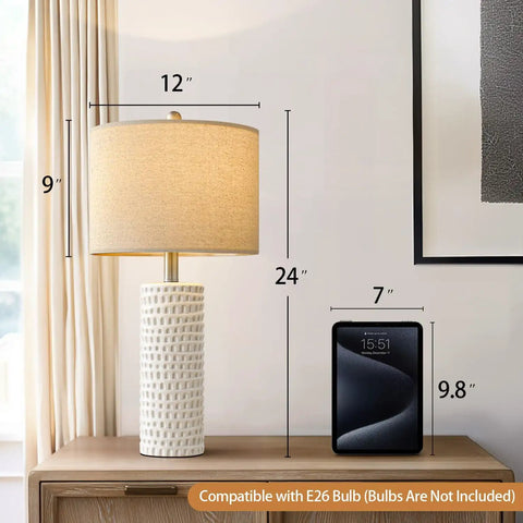 24 Inch Farmhouse Ceramic Table Lamp Set Of 2 White For Bedroom And Living Room Modern Nightstand Lamps, lamp dimensions shown