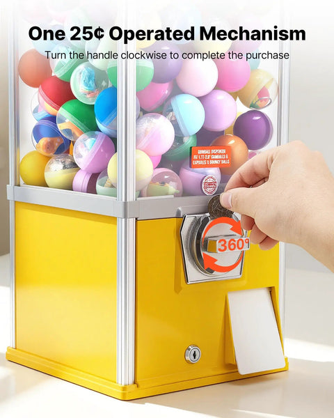 Candy Dispenser With 21 Inch Transparent Globe Holds 180 Balls, 25 Cent Coin Op For Malls And Parks, hand turning mechanism