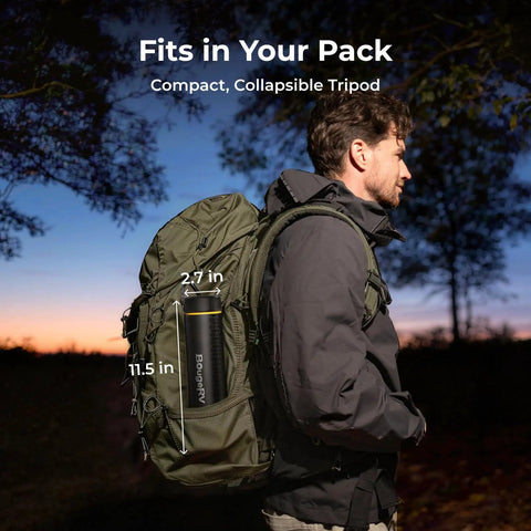Telescopic Camping Lantern With 15600mAh Rechargeable Battery in backpack, outdoor evening setting