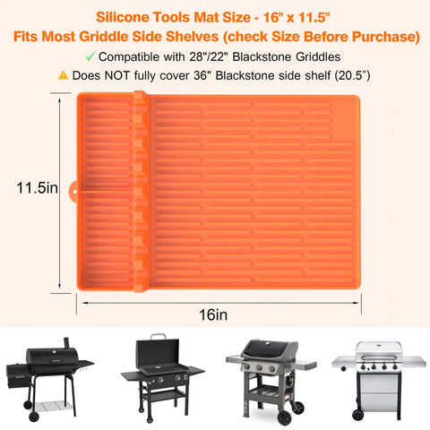 Silicone Grill Mat For Blackstone Griddles With Drip Pad Large Sixteen By Eleven And A Half Inch Tool Organizer Mat Featuring Eight Slots Spatula Holder And Outdoor Kitchen Counter Accessory Dope Gift For Men Bright Orange