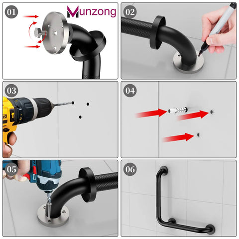 Installation steps for Heavy Duty Black Stainless Steel Shower Grab Bars 2 Pack showing drilling and mounting process.