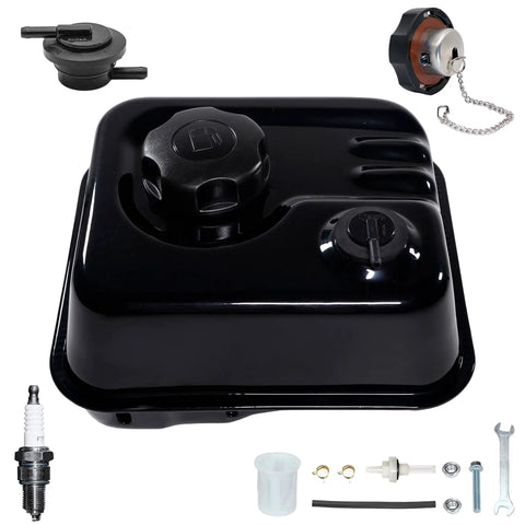 Gas Tank With Roll Over Valve for Predator 212 6.5HP Hemi Engine OEM Replacement Fuel Tank Kit for Harbor Freight Loncin 210FA 212cc Engine Model 60363 showing tank, valves, spark plug, and hardware included in kit.