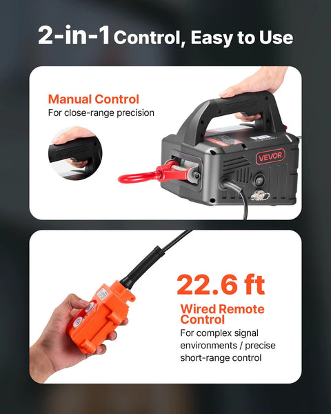 VEVOR 2-in-1 electric hoist winch, black unit with red hook, 1100 lb capacity, wired remote control