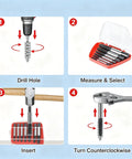 Top Rated 6-Piece Screw Extractor Set Made From Heavy Duty Carbon Steel. Ultimate Damaged Bolt Remover Kit For Stripped Screws and Stuck Fasteners. Perfect Easy Out Tool For Daily DIY Repairs And Tough Jobs That Need Real Grit To Get The Job Done Right. Instructions show drill hole, select size, insert, turn counterclockwise.