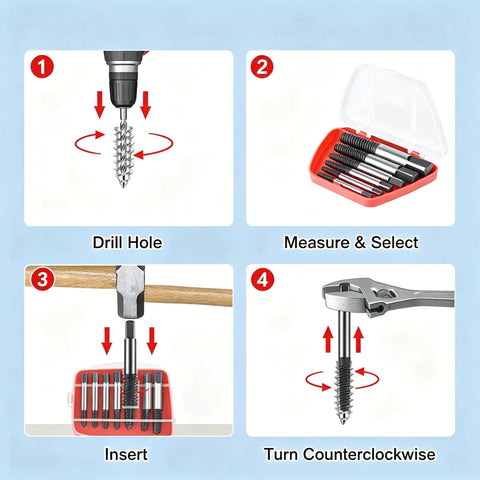 Top Rated 6-Piece Screw Extractor Set Made From Heavy Duty Carbon Steel. Ultimate Damaged Bolt Remover Kit For Stripped Screws and Stuck Fasteners. Perfect Easy Out Tool For Daily DIY Repairs And Tough Jobs That Need Real Grit To Get The Job Done Right. Instructions show drill hole, select size, insert, turn counterclockwise.