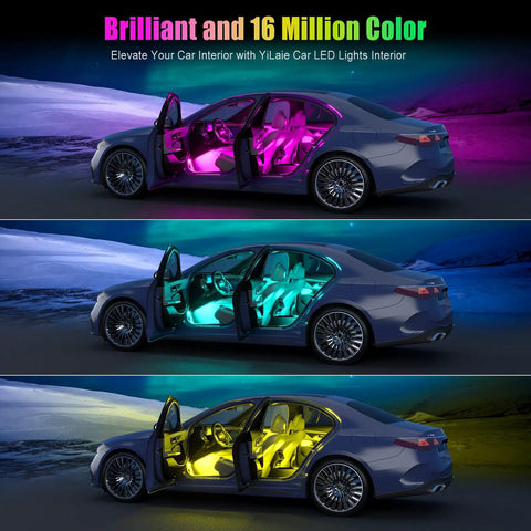Car Interior LED Lights With App Control And DIY Mode Lit Multicolor Under Dash RGB Lighting Kit For Cars Trucks And SUVs Music Sync USB Powered DC 5V 16 Million Color Options shown in various colors inside car