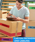 Man labeling boxes with 6 Pack Rainbow Colored Duct Tape, 15 Yards Each Roll, 2 Inches Wide, Heavy Duty Tear By Hand, Waterproof And Residue Free