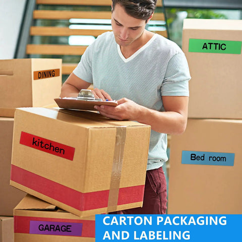 Man labeling boxes with 6 Pack Rainbow Colored Duct Tape, 15 Yards Each Roll, 2 Inches Wide, Heavy Duty Tear By Hand, Waterproof And Residue Free