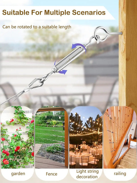 M5 Turnbuckle Kit For One Eighth Inch Cable Railing And Wood Posts, shown in outdoor fence and string lights setup