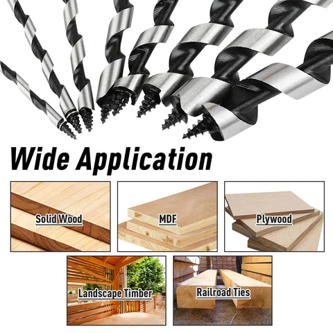 Eight Piece Wood Auger Drill Bit Set For Wood Plastic Drywall And Composite Materials Sizes 1/8 To 1/2 Inch With 1/4 Inch Hex Shank Made From 1045 Carbon Steel For Tough Wood Projects shown with application examples