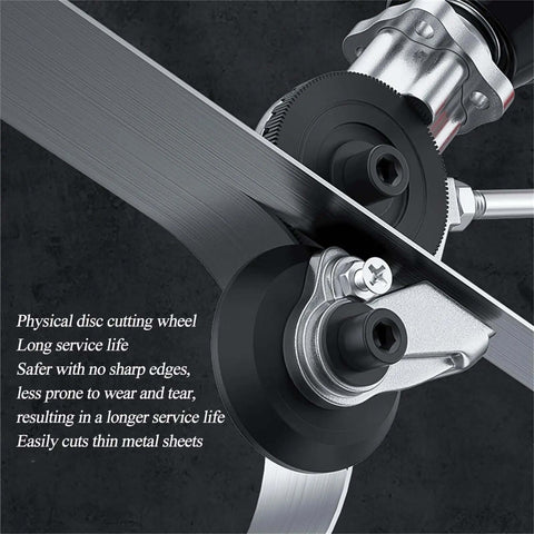 Drill nibbler attachment in use for sheet metal cutting, showing clean burr-free cuts up to 0.8mm with steel and aluminum alloy build.
