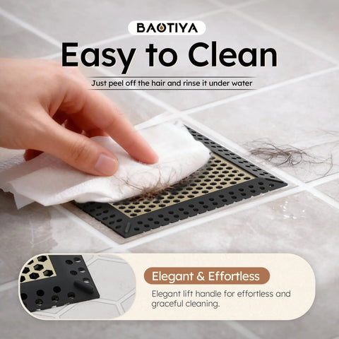 Solid Square Shower Drain Hair Catcher Non Moving Drain Cover Stopper Filter Keeps Your Tubs Rolling Smooth While Plugging Nasty Hair Buildup Quick Snap In Place Super Tough, shown being cleaned.