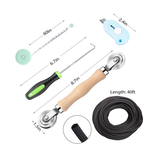 All In One Window Screen Repair Kit With 48x118 Charcoal Fiberglass Mesh And Rolling Tool Spline Cutter Ruler Hook For Replacing Windows And Sliding Doors Includes Knife And Spline Remover showing ruler, tools, and spline