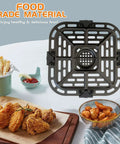 Upgraded Square Air Fryer Grill Plate For 2 Quart Instant Vortex Mini Nonstick Crisper Pan Insert Rack on a table with fried food