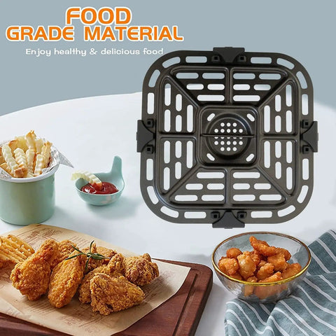 Upgraded Square Air Fryer Grill Plate For 2 Quart Instant Vortex Mini Nonstick Crisper Pan Insert Rack on a table with fried food