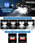 Display of a 9 LED Rechargeable Headlamp Two Pack With 2000 Lumen Brightness 10 Modes Motion Sensor White And Red Light.