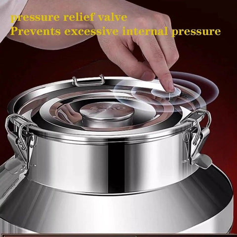 Heavy Duty 64 Liter Stainless Steel Storage Bucket With Rock Solid Airtight Lid And Snap Lock Latches, showing pressure relief valve.