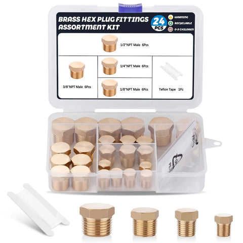Brass Hex Pipe Plug Fittings Kit With Four Sizes One Eighth Inch One Quarter Inch Three Eighth Inch One Half Inch NPT Male Threaded Plugs In A Durable Storage Box