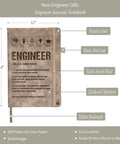 Engineering Nerd Gift Journal For Students And Pros, A5 Lined Notebook With Pen, 200 Pages, showing faux leather cover and features.