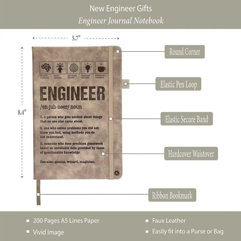 Engineering Nerd Gift Journal For Students And Pros, A5 Lined Notebook With Pen, 200 Pages, showing faux leather cover and features.