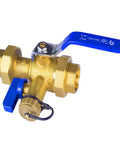 Tankless Water Heater Service Valve Kit With Pressure Relief Valve Included, lead free brass, blue handle, side view