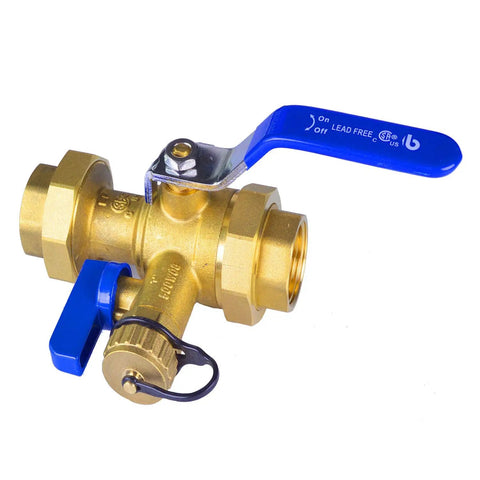 Tankless Water Heater Service Valve Kit With Pressure Relief Valve Included, lead free brass, blue handle, side view