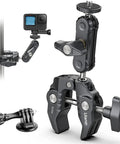 Rock-Solid Pro Grade Camera Clamp Mount with 360 Degree Ballhead attached to rod, showing GoPro and adapter.