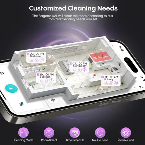 Customized cleaning map on smartphone screen, showing room schedules for Robot Vacuum And Mop Combo With Self Emptying Station 6000Pa Suction LiDAR Mapping 90 Days Hands Free Cleaning Wi Fi App Alexa Voice Control For Carpets And Hard Floors.