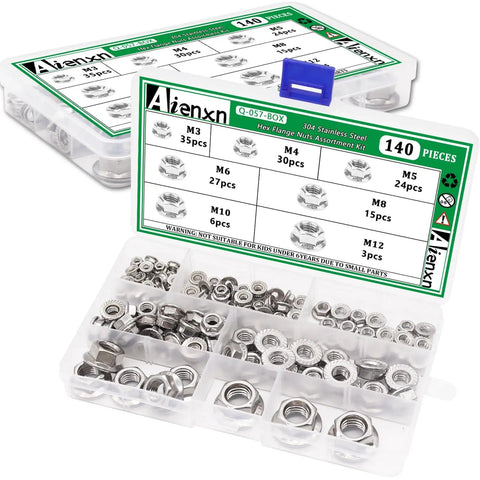 304 Stainless Steel Hex Flange Nuts Set 140 Pieces, Assortment Kit With M3 M4 M5 M6 M8 M10 M12 in labeled plastic box